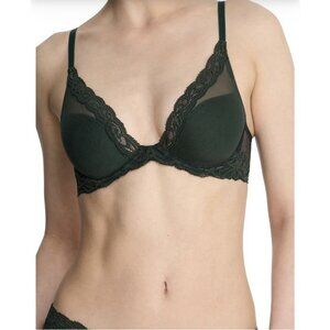 Natori Feathers Plunge Bra DK Forest Lace Mesh Underwire T-Shirt 730023 NWT 34DD